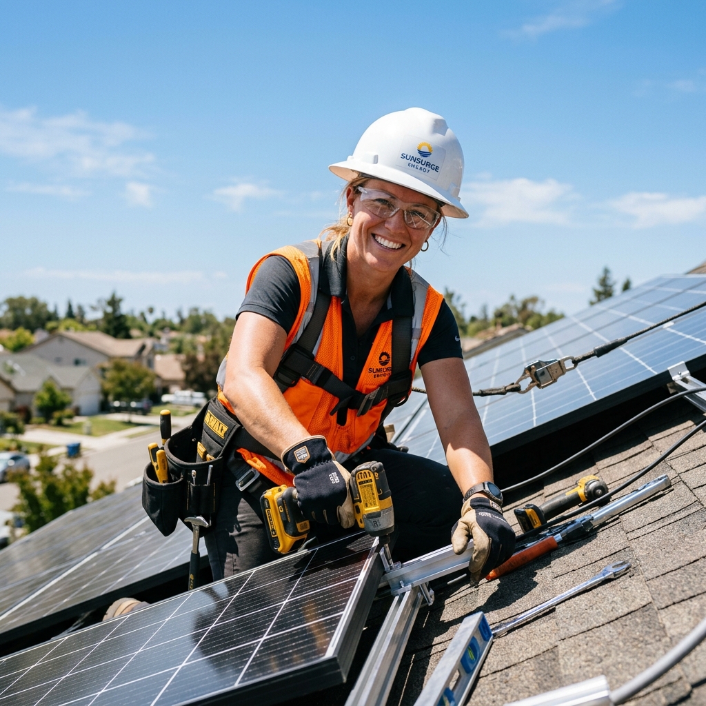 Artisan RGE souriant installant des panneaux solaires sur un toit
